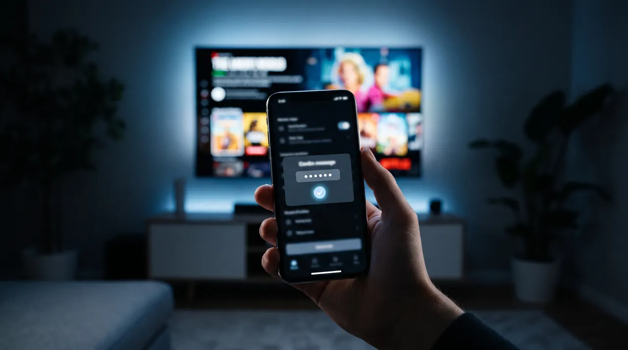 Smartphone affichant un code IPTV reçu après la commande, devant un téléviseur