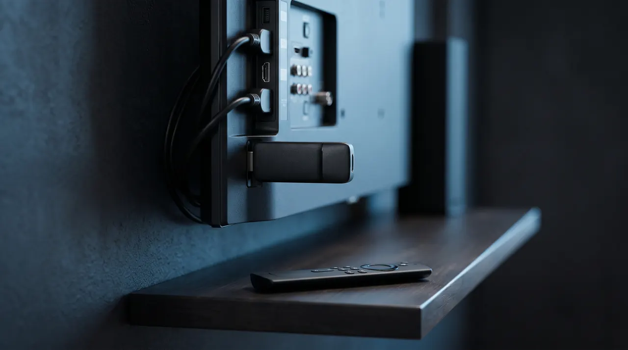 Clé HDMI de streaming type Fire TV Stick branchée à l'arrière d'un téléviseur avec sa télécommande