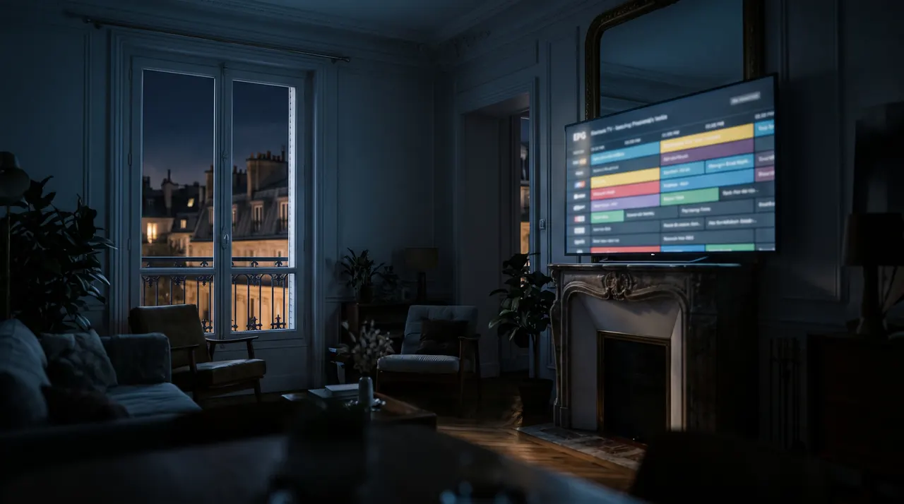 Téléviseur affichant le guide des chaînes françaises dans un appartement parisien, offre France IPTV