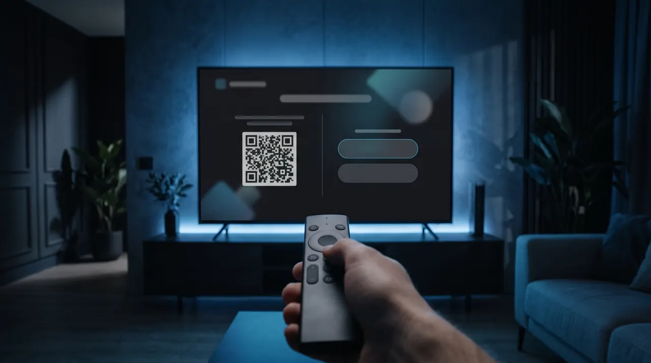 Smart TV affichant l'écran d'activation d'une appli IPTV avec QR code, adresse MAC et clé