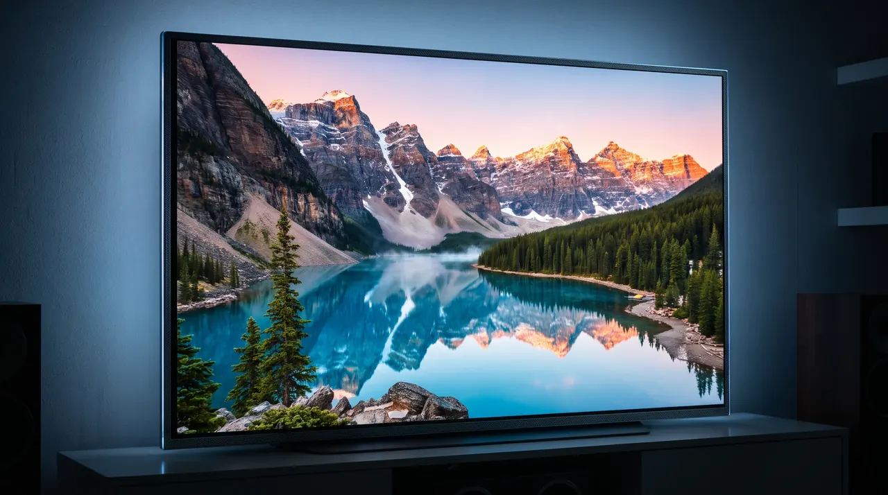 Téléviseur 4K Ultra HD affichant un paysage de montagne très détaillé