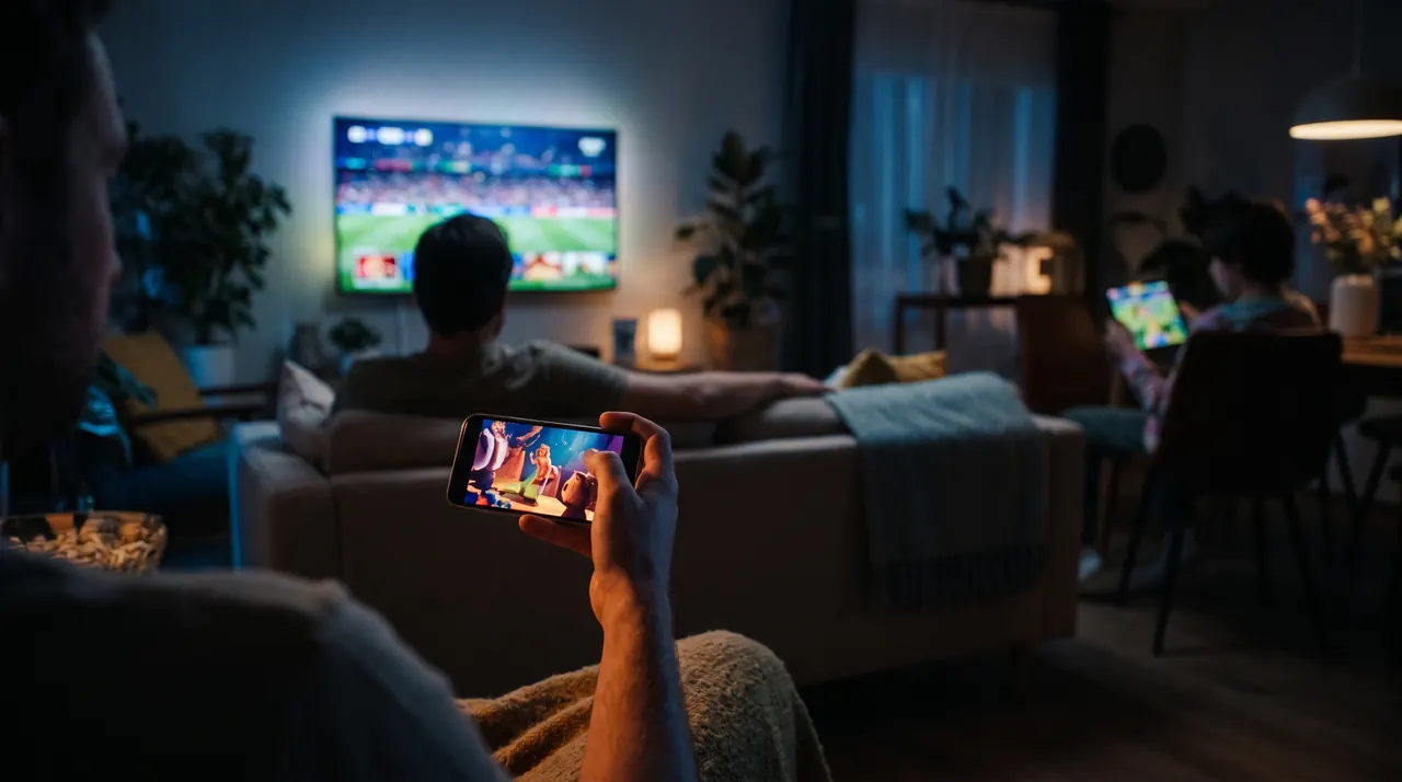Famille regardant des programmes différents sur une TV, une tablette et un smartphone en même temps