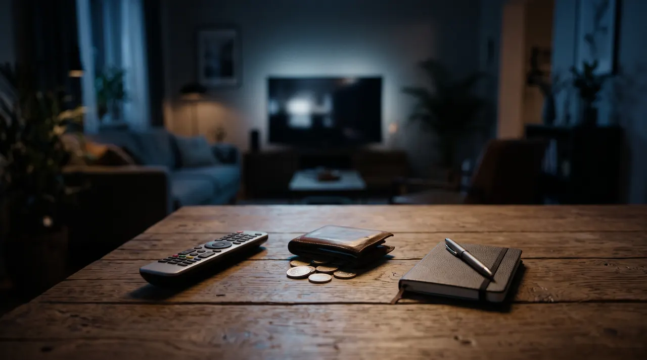 Télécommande, porte-monnaie et pièces sur une table basse pour comparer le prix d'un abonnement IPTV