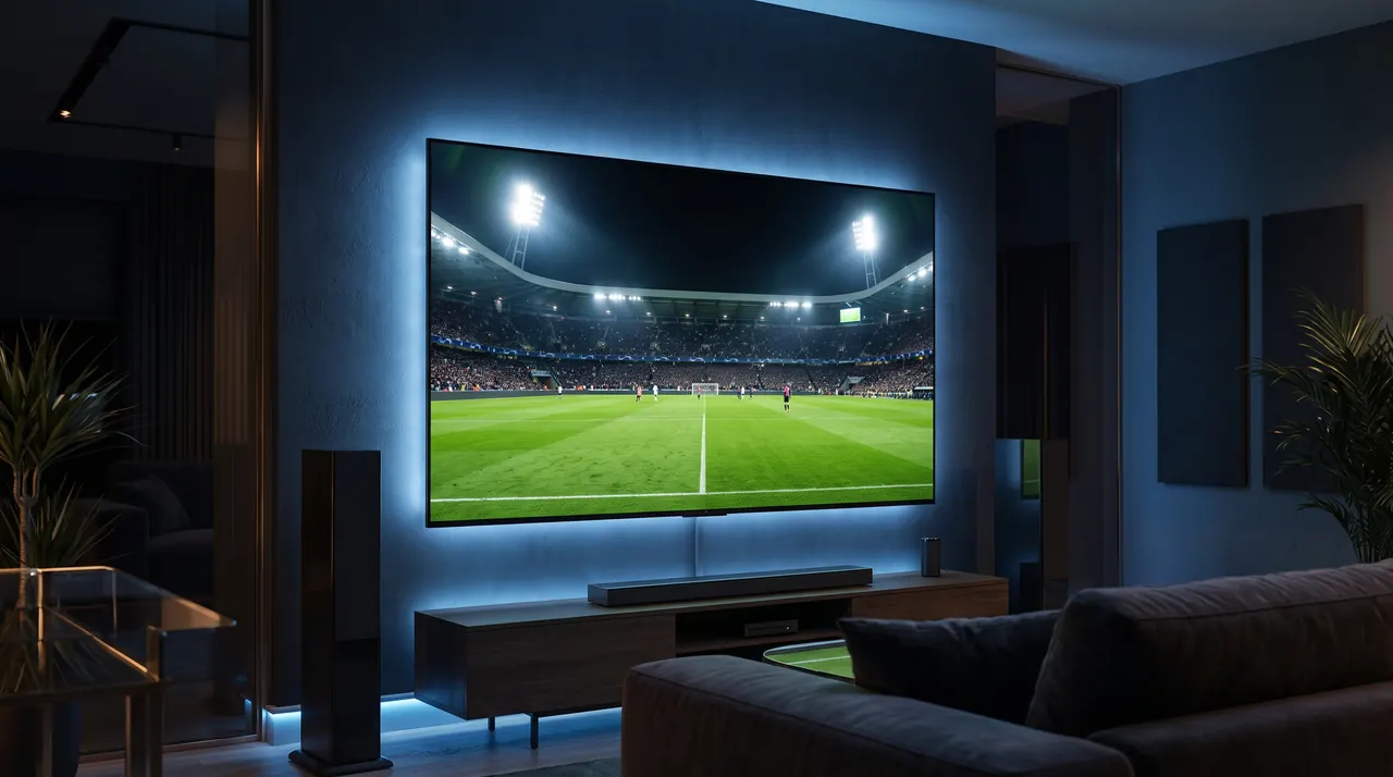 Grand téléviseur affichant une image nette et stable dans un home cinéma, service premium IPTV