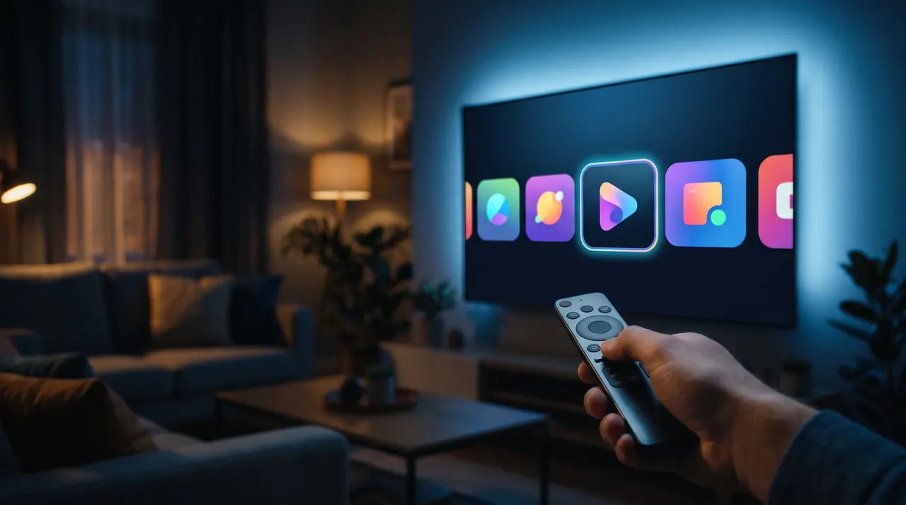 Écran d'accueil d'une Smart TV avec des applis IPTV et une télécommande
