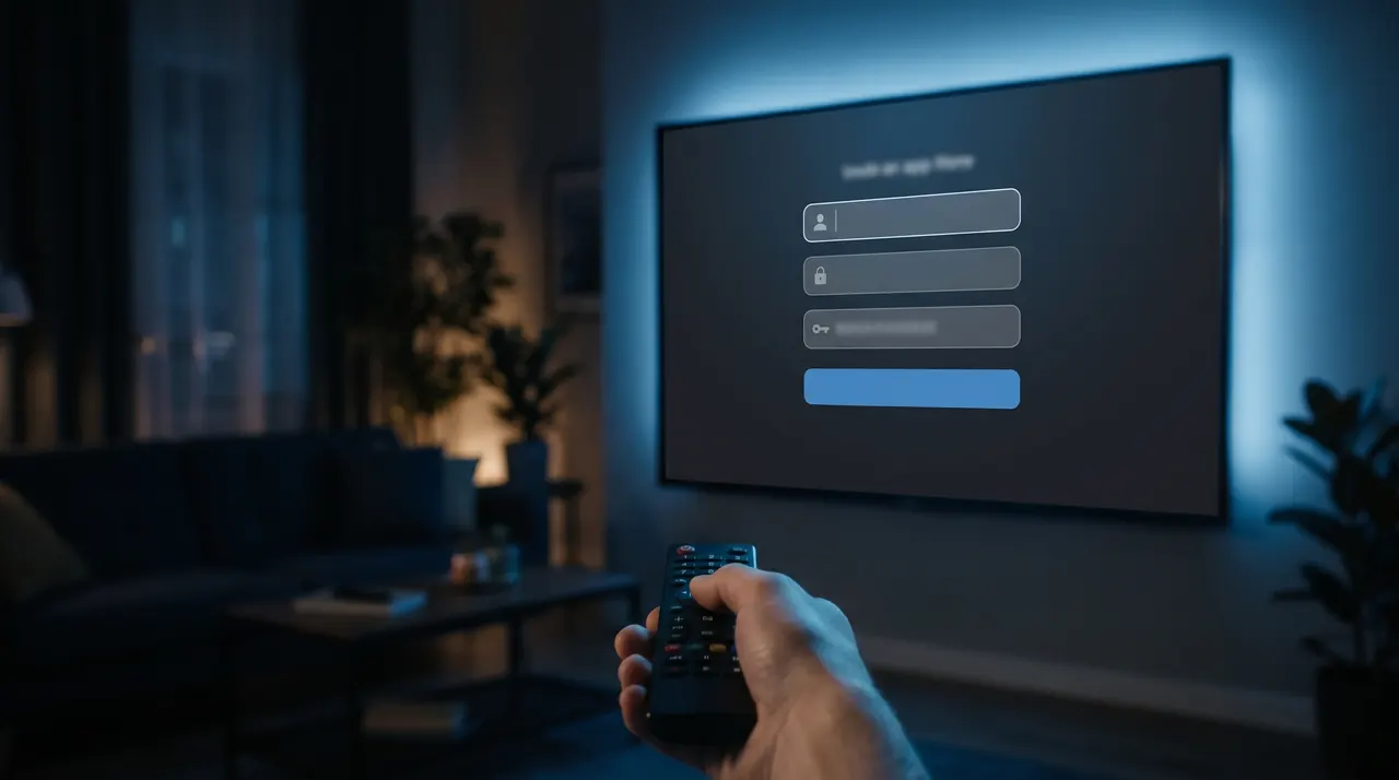 Écran de connexion d'une appli IPTV sur TV avec les champs serveur, utilisateur et mot de passe