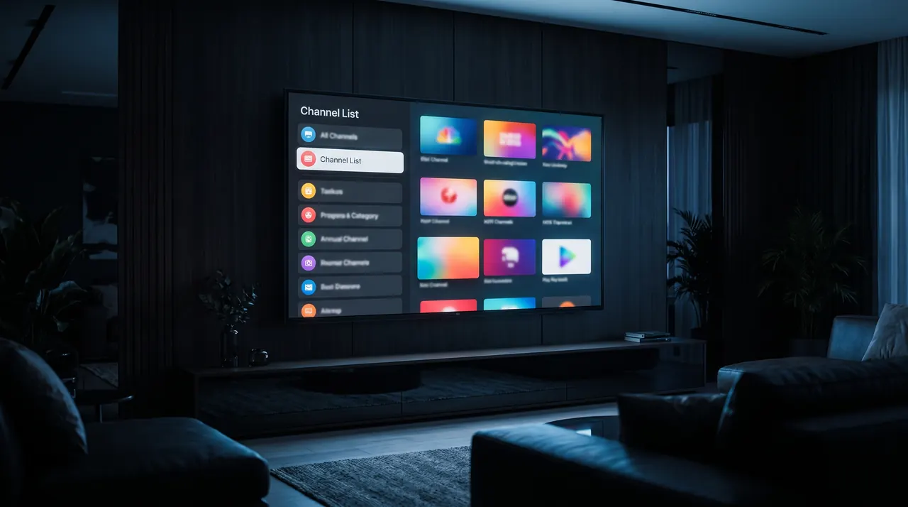 Liste des chaînes IPTV classées par catégories sur l'écran d'un téléviseur
