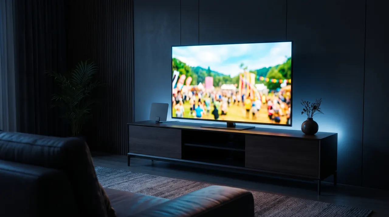 Téléviseur posé sur un meuble bas, sans box ni décodeur, dans un salon minimaliste