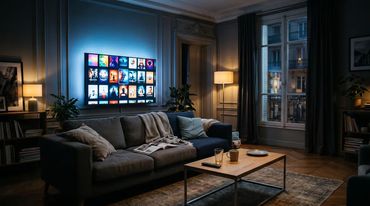 Salon moderne avec une Smart TV affichant des chaînes et des films grâce à l'abonnement IPTV 12 mois