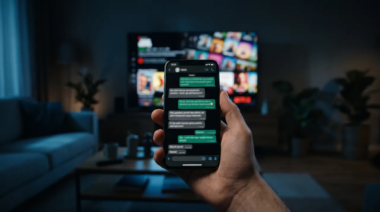 Smartphone avec une conversation WhatsApp pour demander un test IPTV gratuit, devant une TV