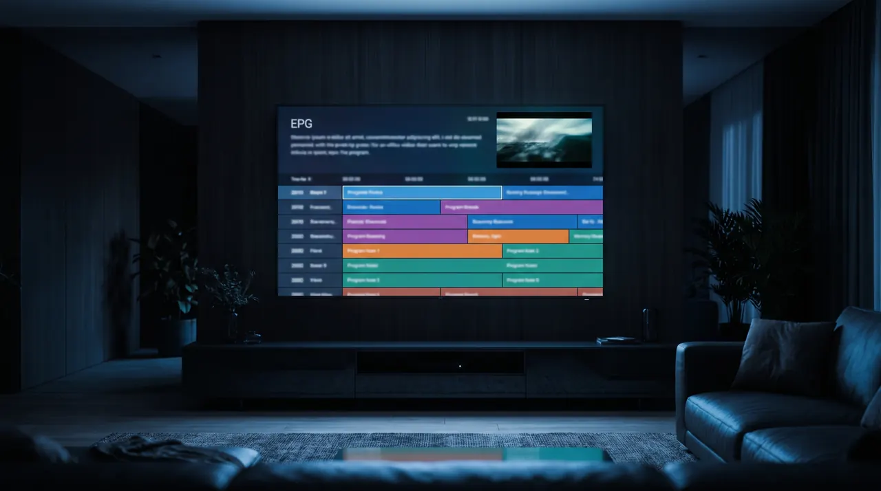 Guide des programmes TV (EPG) affiché sur un grand téléviseur dans une appli IPTV comme TiviMate